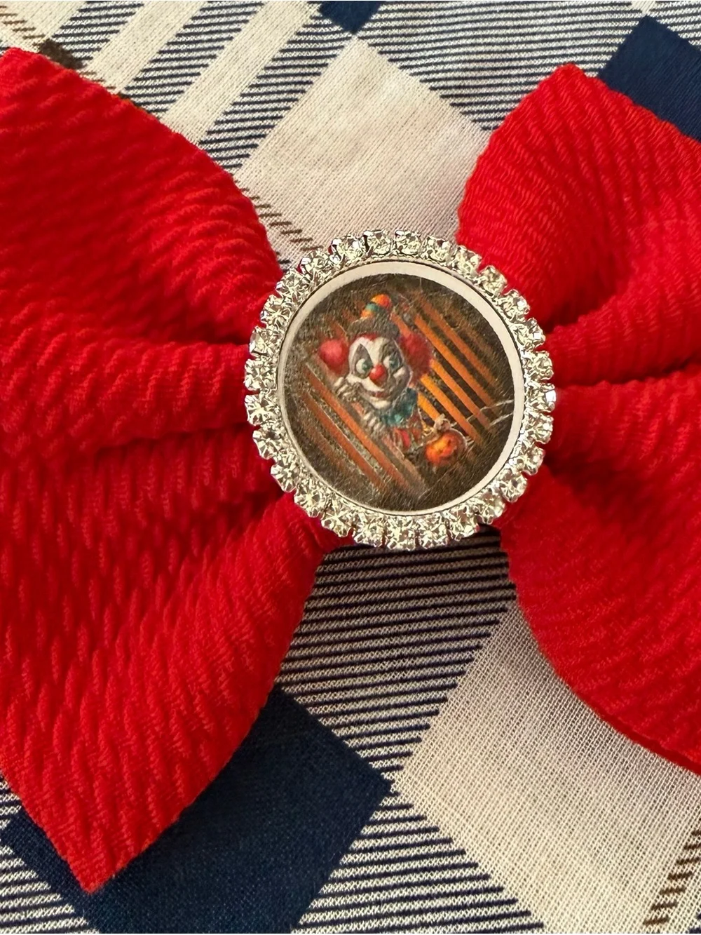 Red Bow Hair Clip with Rhinestone Clown Center